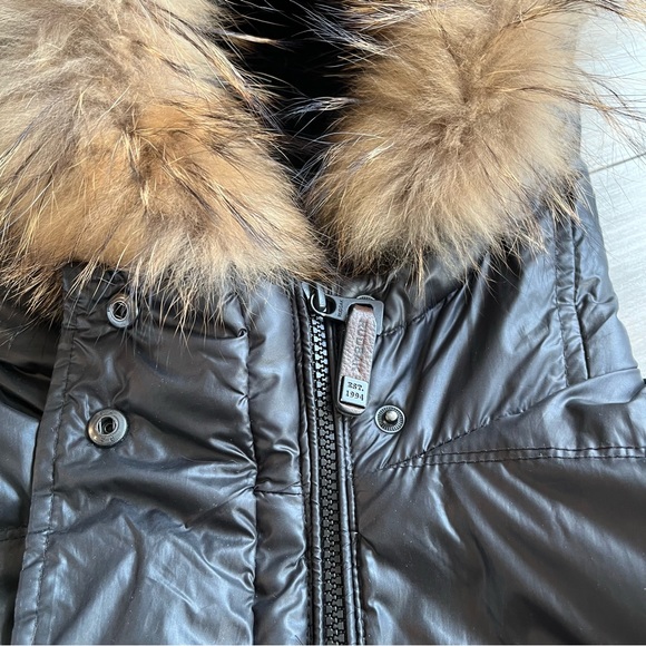 RUDSAK Mid Length Black Puffer Winter Coat Fur Hood Leather Trim - Picture 7 of 14